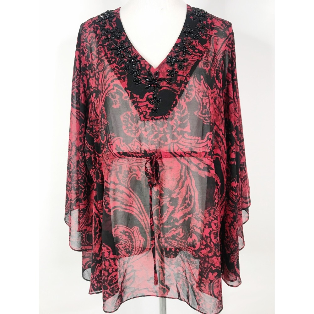Coldwater Creek Top Women Large Black Red Floral Beaded Kimono Sheer Flowy Fairy